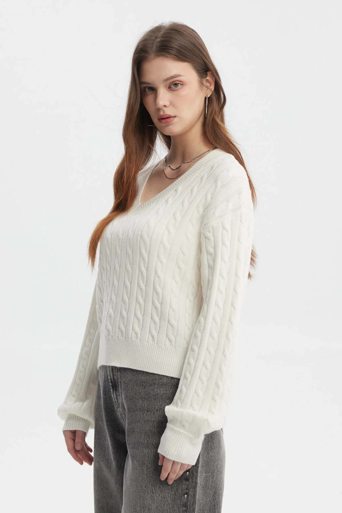 Sweater Mujer Cuello V Lisos Crudo - Image 2