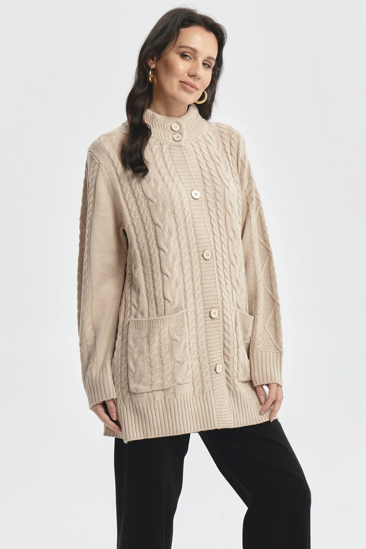 Sweater Mujer Largo Con Botón Beige - Image 2