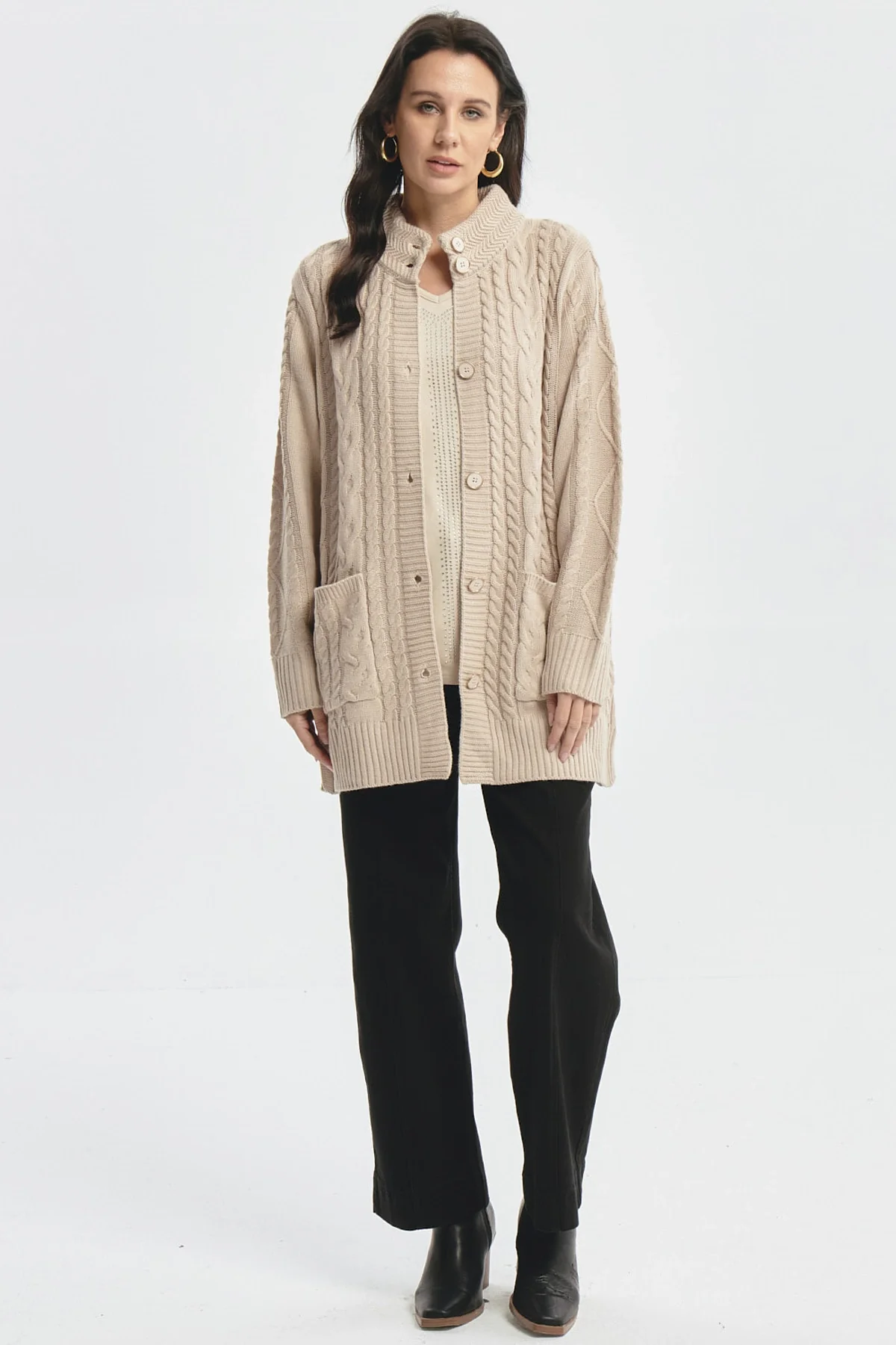 Sweater Mujer Largo Con Botón Beige - Image 4