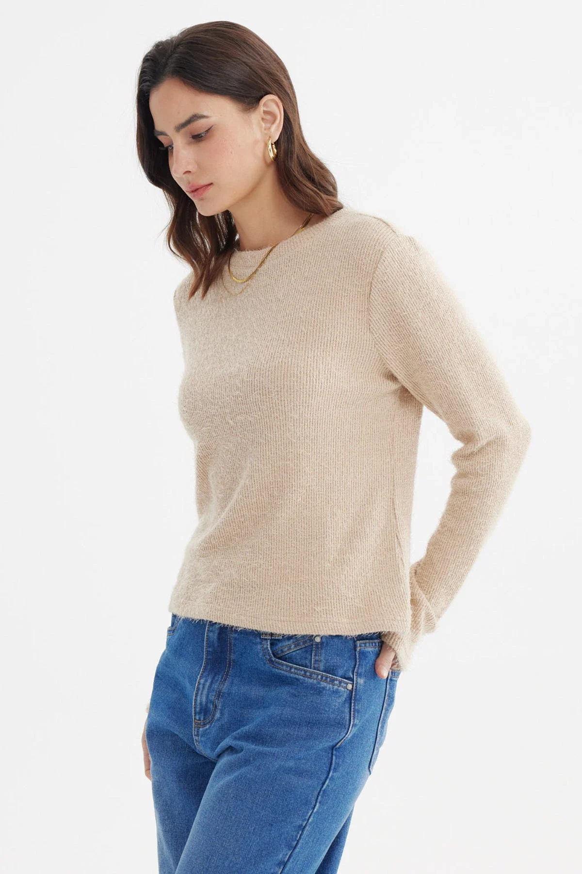 Sweater Mujer Slim Cuello Redondo Beige - Image 2