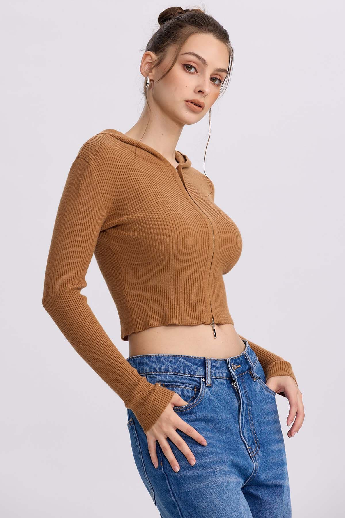 Sweater Mujer Zipper Camel - Image 2