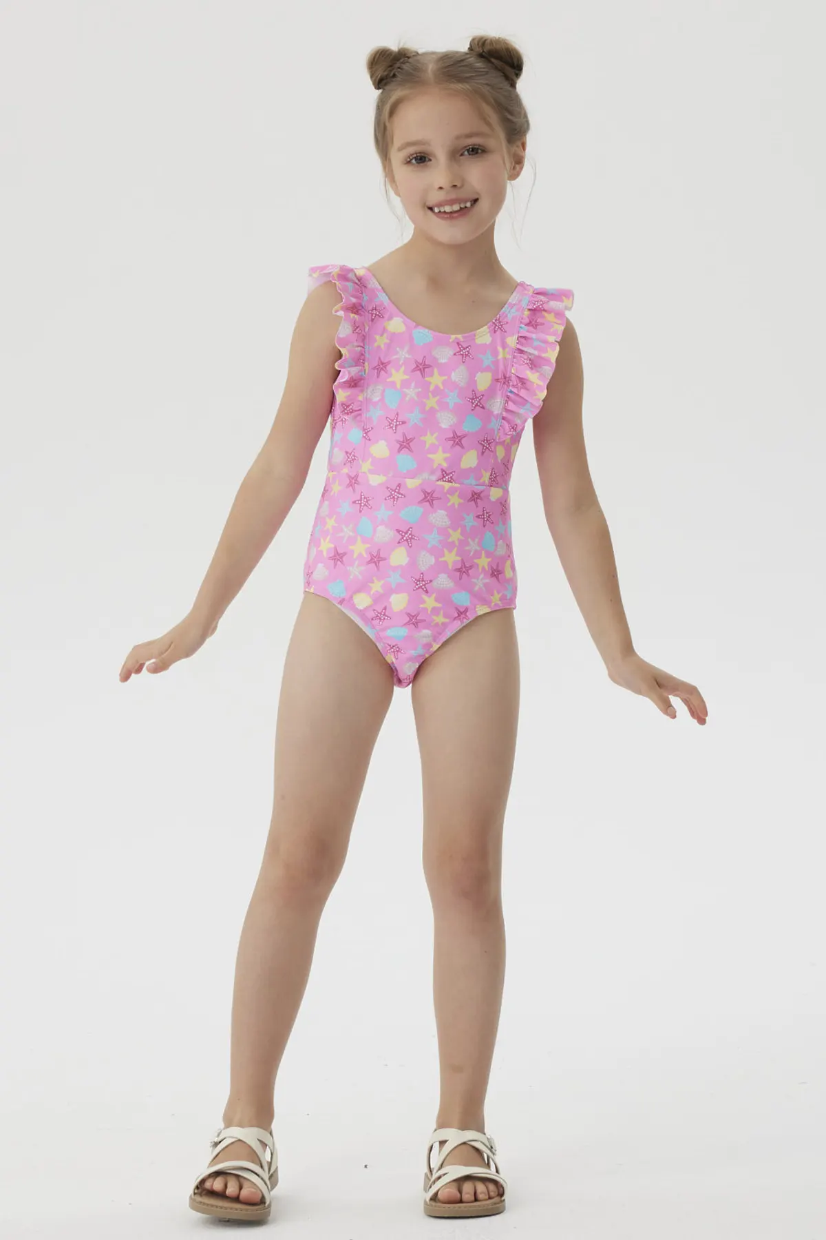 Traje de Baño Niña Con Vuelos Delantero Fucsia - Image 4