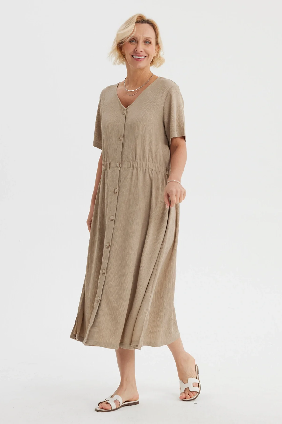 Vestido Mujer Botones Arena - Image 3