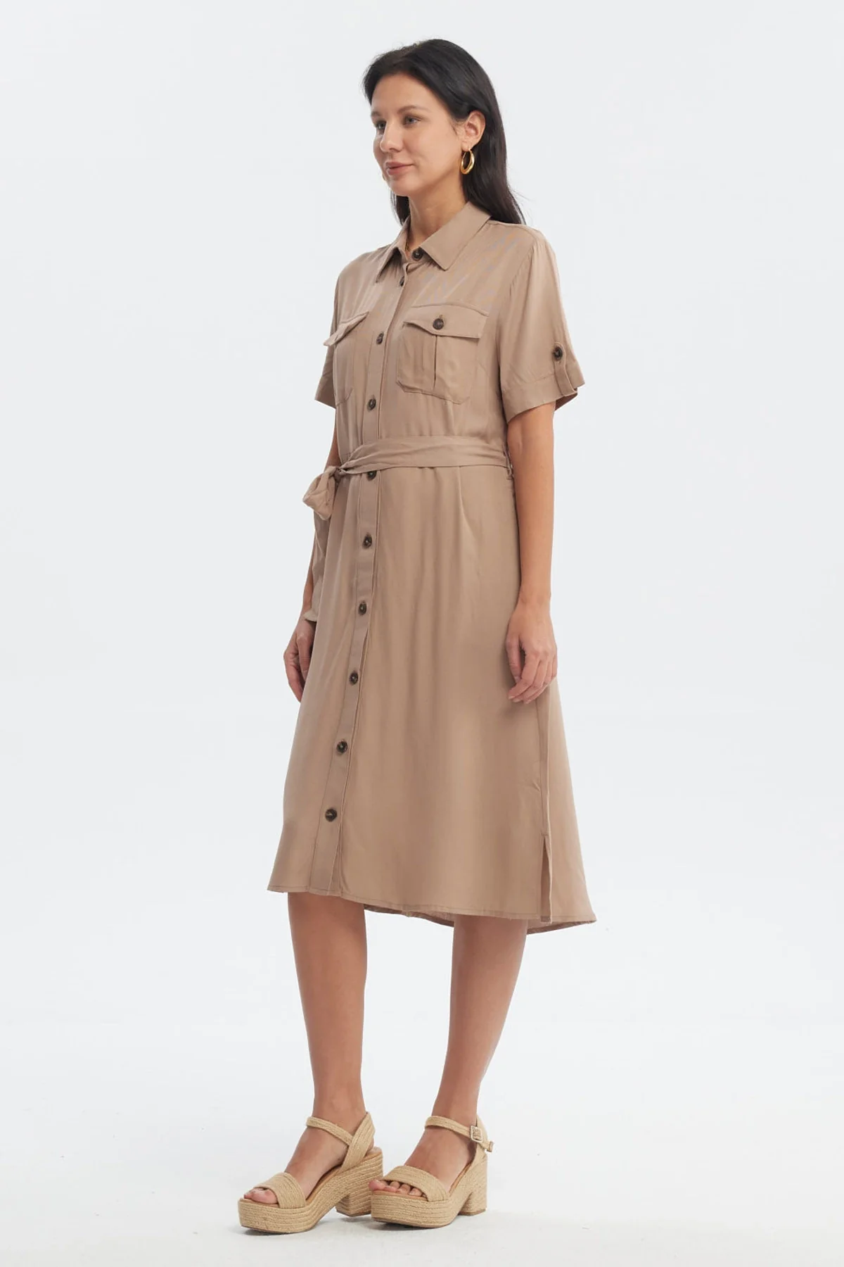 Vestido Mujer Camisero Con Cinturón Café Claro - Image 2