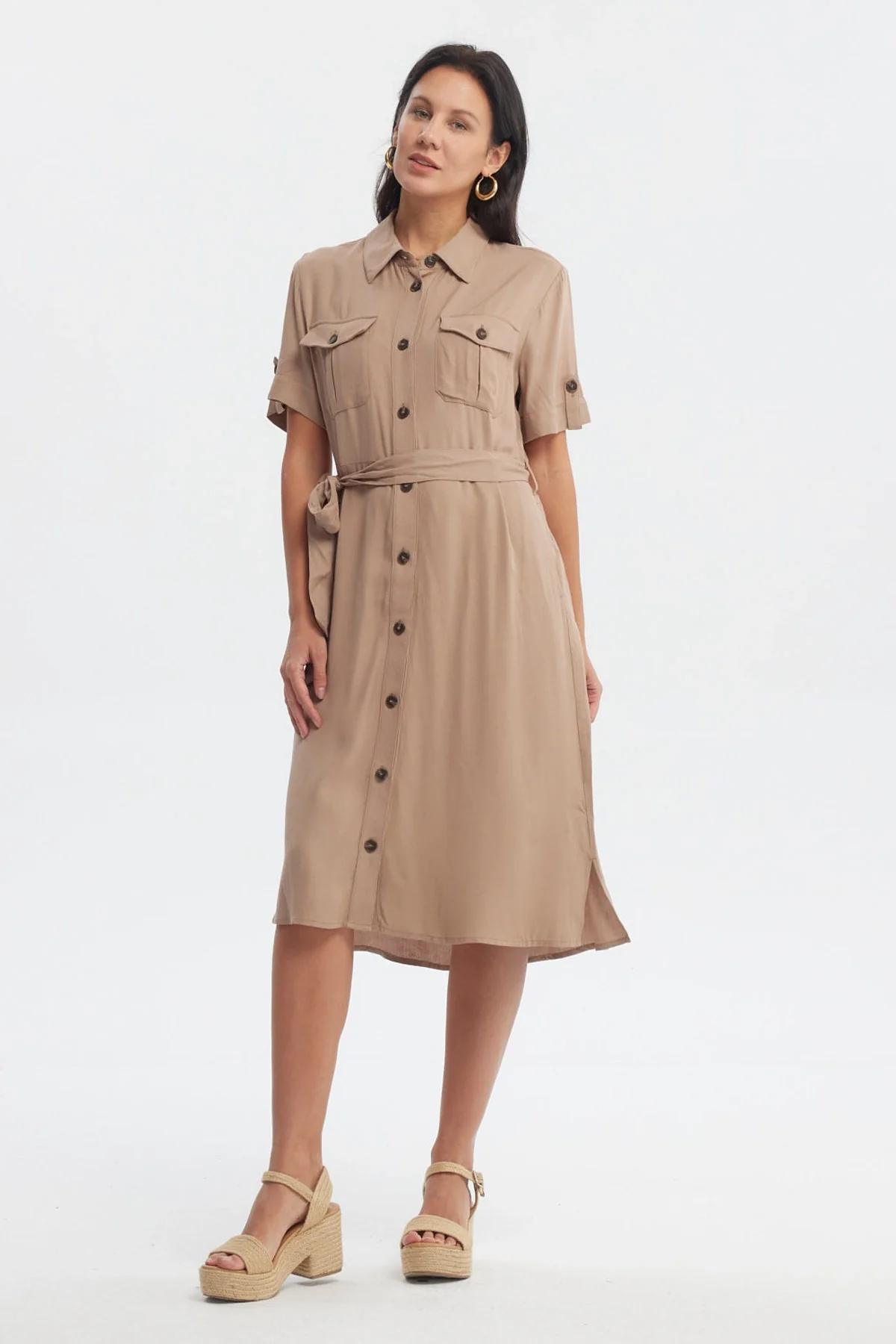 Vestido Mujer Camisero Con Cinturón Café Claro - Image 4
