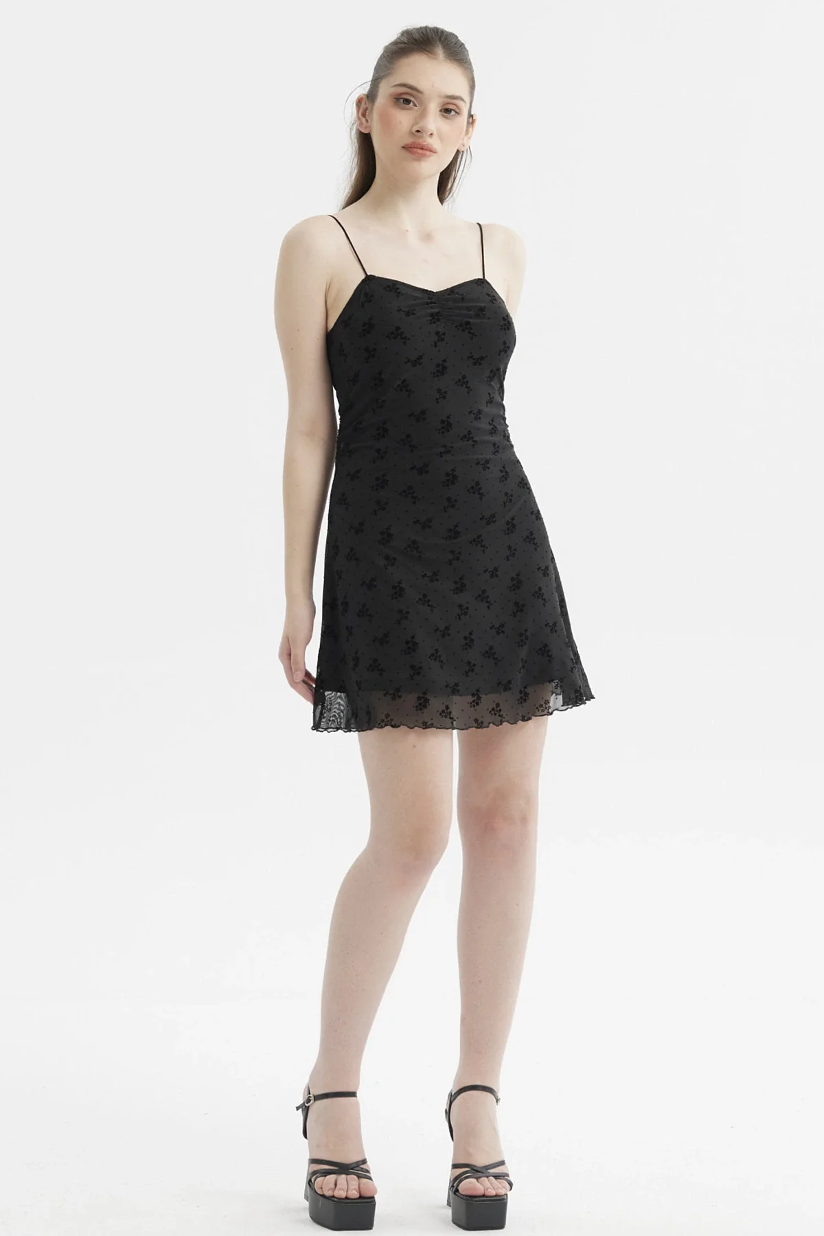 Vestido Mujer Corto Malla Aplicación Flock Negro - Image 4
