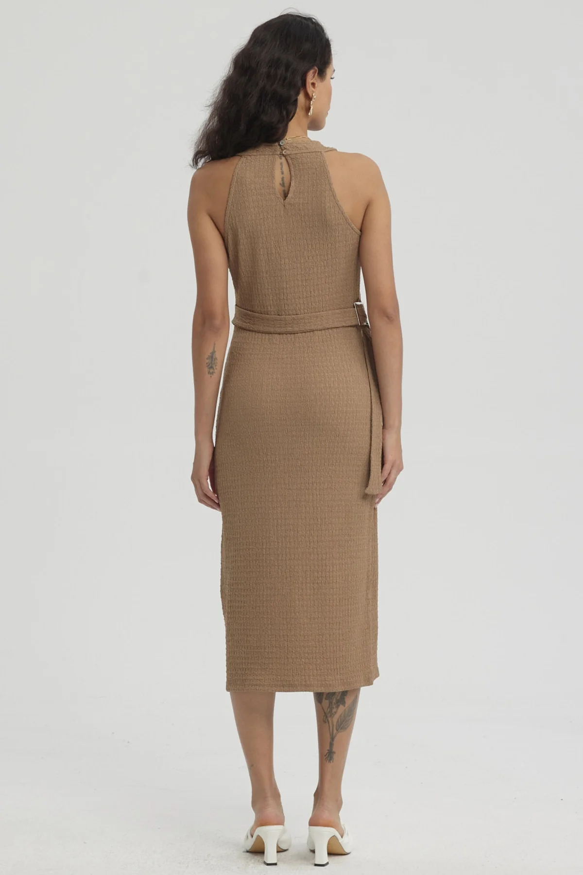 Vestido Mujer Corto Recogido Beige - Image 3