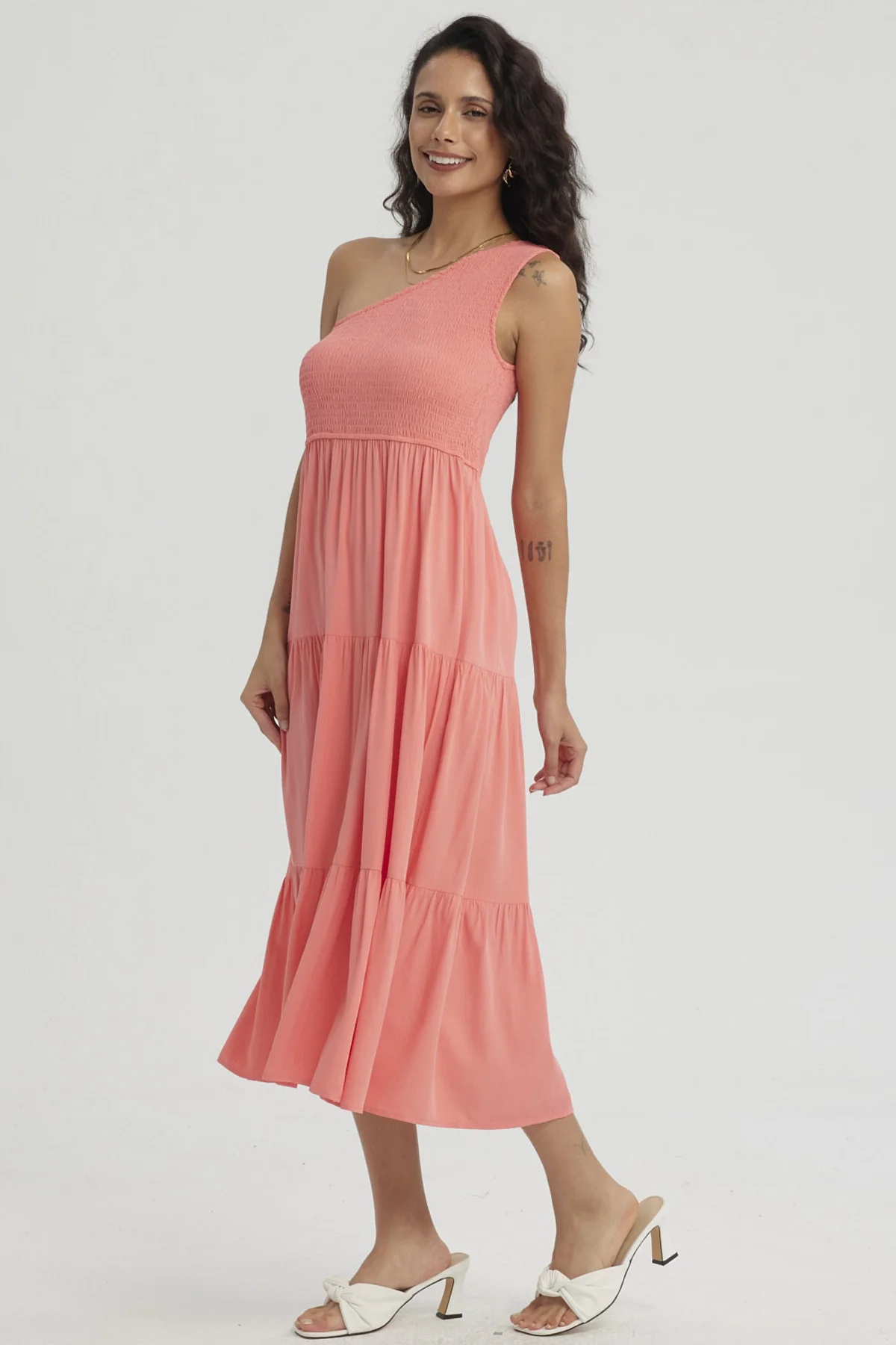 Vestido Mujer Hombro Asimétrico Coral - Image 2