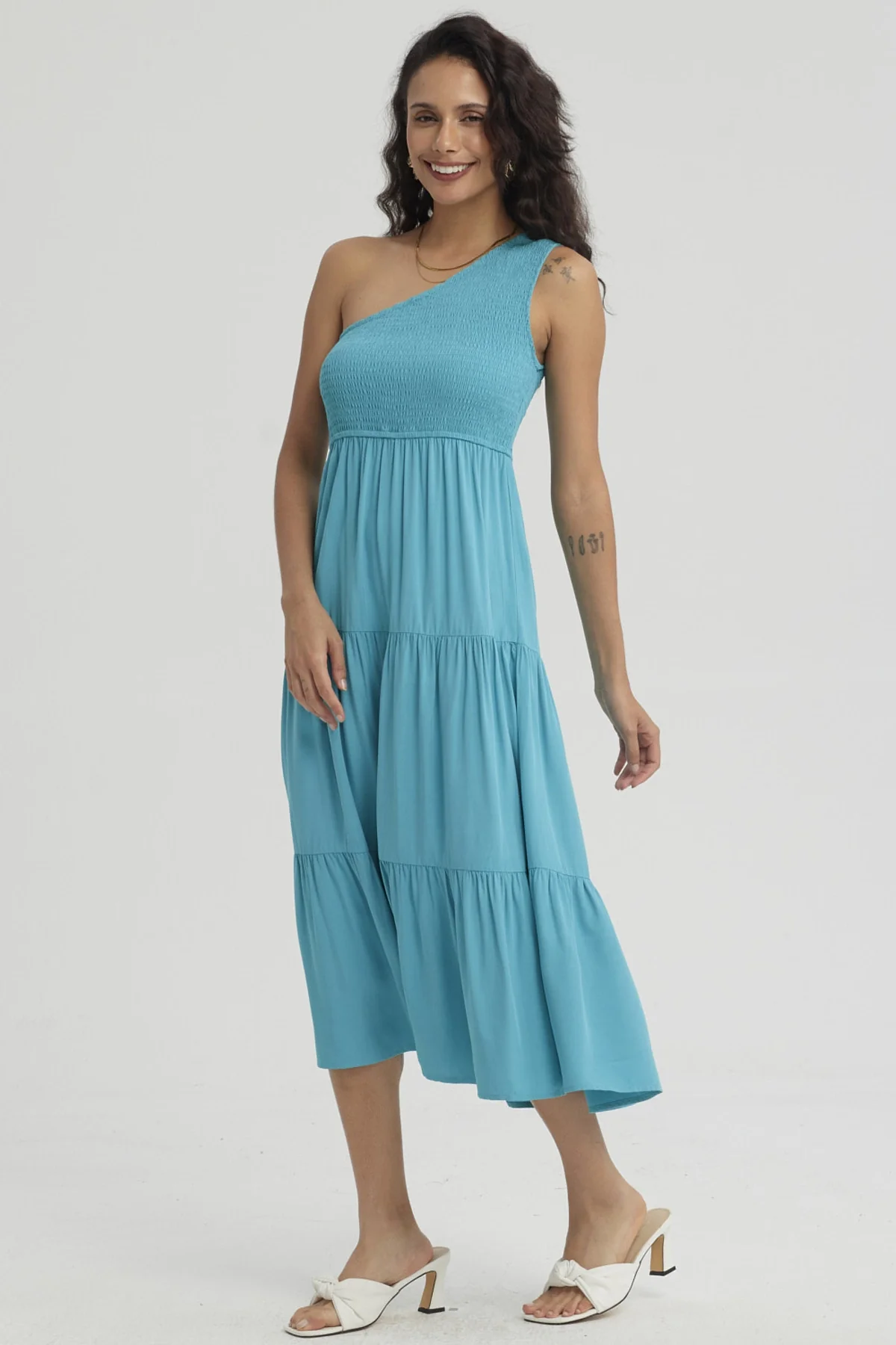 Vestido Mujer Hombro Asimétrico Turquesa - Image 2