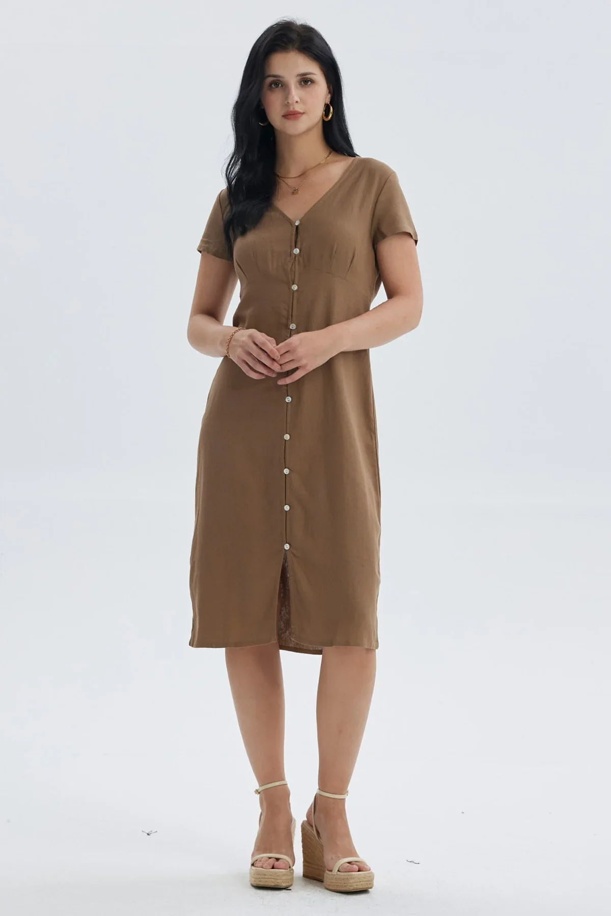 Vestido Mujer Lino Abotonado Café Claro - Image 2