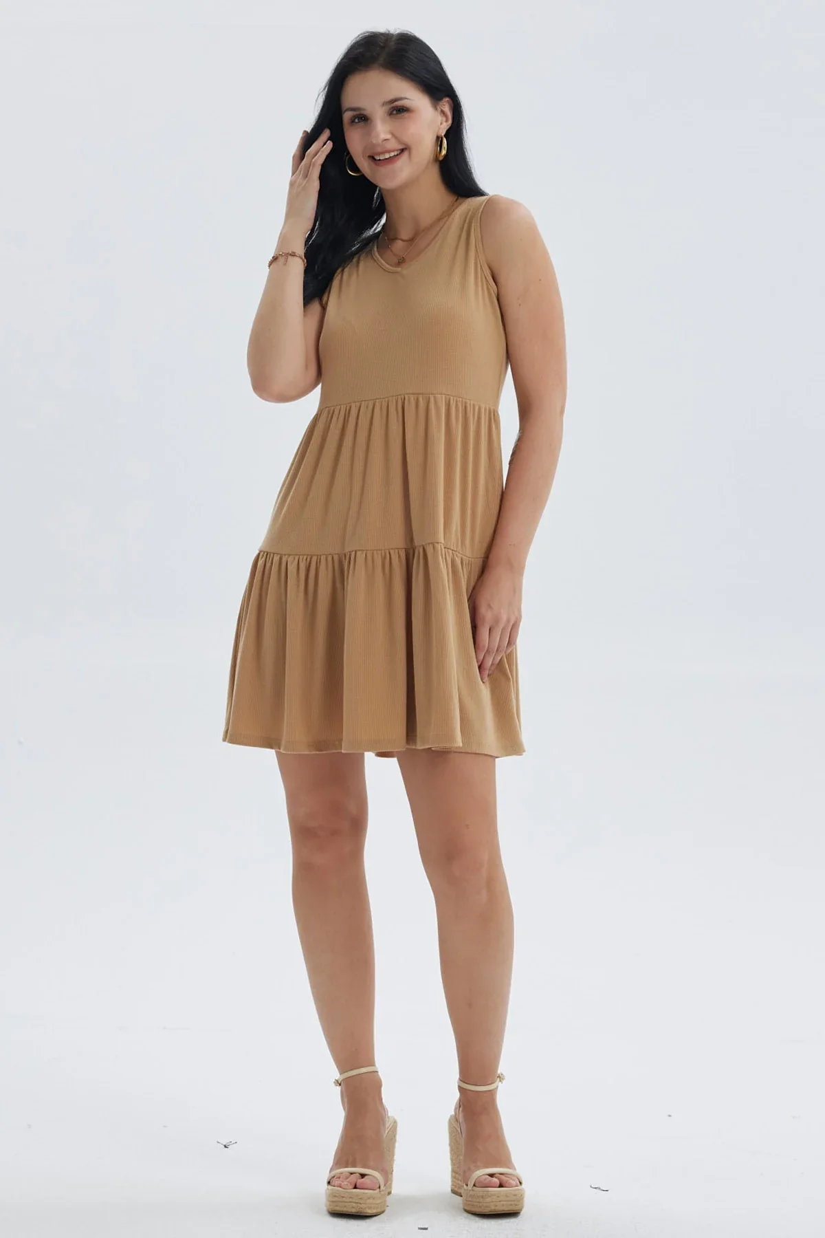 Vestido Mujer Liso Rib Con Corte Camel - Image 2
